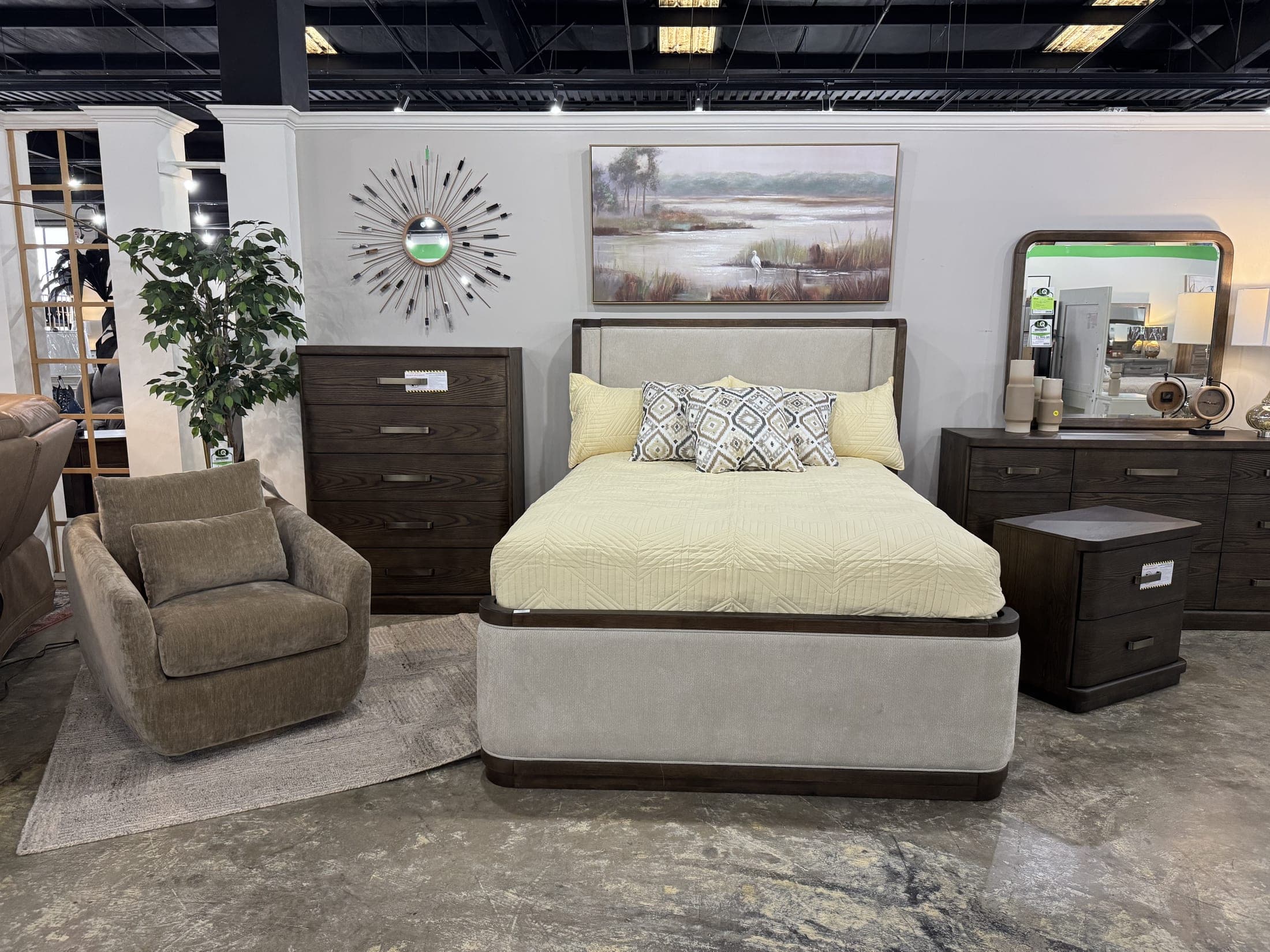 Upholstered bed with wood chest, dresser and mirror